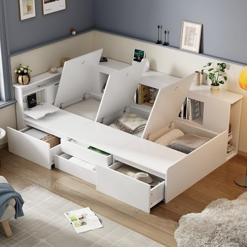 MOBETTRES Kinderbett,90 * 200cm,Einzelbett,Multifunktionales Kinderbett mit Schubladen,Bücherregal und Stauschrank,Bettkasten mit Stauraum,ohne Matratze,weiß