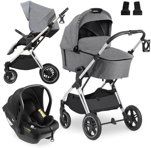 hauck 3in1 Kinderwagen Set Vision X mit Drive N Care Babyschale - Kombikinderwagen mit Federung und höhenverstellbarem Sitz - Melange Grey