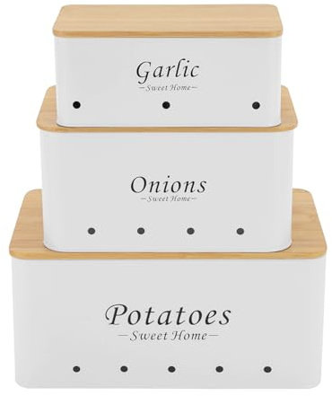 3 st potatis-förvaringslådor, set om 3, lökförvaring och potatislåda, grönsakslåda, stapelbar löklåda, potatiskanna, lökkruka och vitlökskruka med ventilationshål