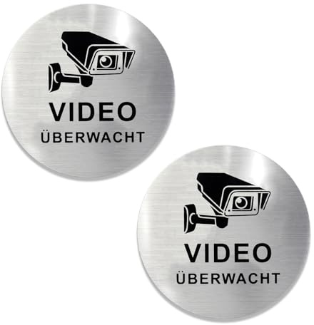 2 Stück Videoüberwachung Schild Klein Selbstklebend Gebürstete Aluminiumoberfläche Videoüberwachungswarnschilde Durchmesser von 10 cm für Türen und Verschiedene Oberflächen