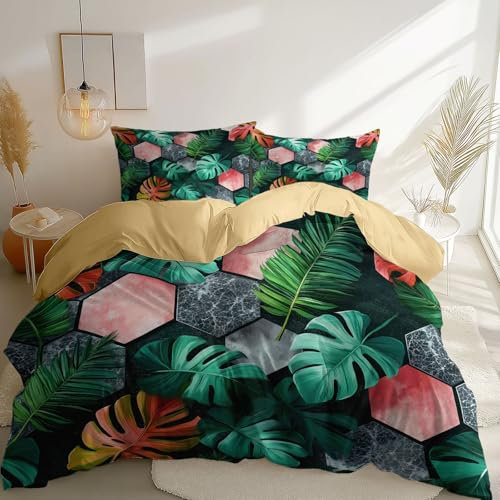 Funda Edredón Microfibra Cepillada Ultrasuave Funda Edredón en Cúrcuma con diseño Simple Monstera Geométrico 180 × 220 cmTranspirable y Resistente Antifrizz y Fácil de Cuidar