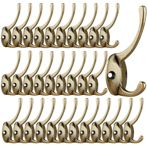 IBosins Kleiderhaken aus antikem Messing, Wandmontage, mit 64 Schrauben, Retro-Doppelhaken, Allzweckhaken für Mantel, Schal, Tasche, Handtuch, Schlüssel, Kappe, Tasse, Hut, 32 Stück