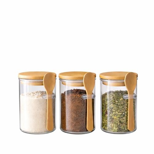 Print Maniacs Small Glass Storage Jar Set 300ml with Bamboo Lid and Spoon Airtight Kitchen Container for Spices Sugar Honey Tea Clear Glass Canister with Wooden Spoon Food Storage Jars
