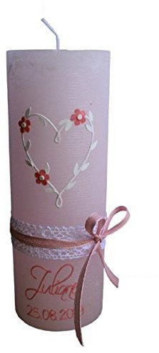 Taufkerzen Mädchen Rustic Rosa mit Teelichteinsatz, Herz mit Blüten sowie Borte und rosa Schleife, 190 x 68 mm, mit Namensverzierung und Schutzkarton