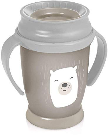 LOVI 360 Grados Vaso de Entrenamiento Antiderrames, 12m+, 250 ml, Sin BPA, SteriTouch Protección Antibacteriana, Innovador Sistema de Sellado, Fácil de Limpiar, Buddy Bear Junior, Gris