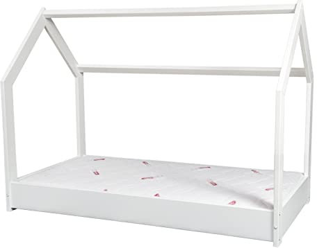 Kinderbett mit Matratze STANDARD Hausbett Einzelbett skandinavisches 160x80cm (Farbe: weiß)