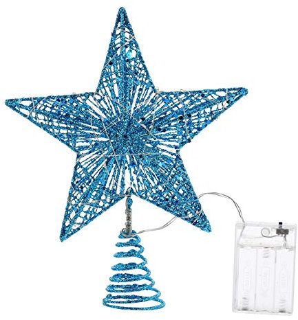 SOLUSTRE 20cm 3D Weihnachtsbaum Topper Projektor Beleuchtet LED Lichterkette Metall Christbaumspitze Weihnachten Beleuchtung Glitzer Weihnachtsstern Weihnachtsbaum Stern Baumschmuck Spitze Blau