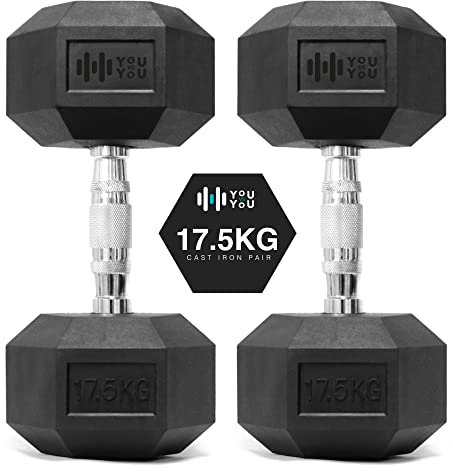You vs You Hex Dumbbells Weights Pair for Home Exercise | 17.5kg Set of 2 Hexagonal Weight Rubber Encased for Home Fitness Gym Workouts Training Muscle Building & Conditioning | Unisex | Strength Fit