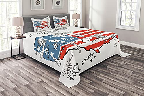 ABAKUHAUS amerikanisch Tagesdecke Set, USA-Flaggen-Hand gezeichnet Stil, Set mit Kissenbezügen Maschienenwaschbar, 220 x 220 cm, Weiß, Blau, Rot