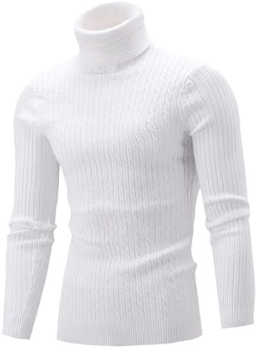 Belovecol Mens Turtleneck High Roll Neck Tops Soft Warm Knitted Turtle Neck Pullover Sweaters, White, L