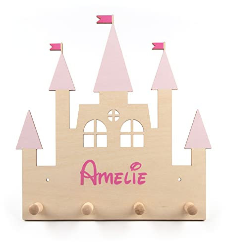 Personalisierte Kindergarderobe 'Castle' aus Birkenholz mit vier Kleiderhaken. Garderobe für Kinder mit Wunschnamen. Prinzessinnen Schloss als Wandgarderobe, ca. 35 x36,5 cm