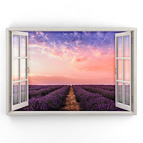 Estika - Leinwand Bilder Fensterblick - Sonnenuntergang, Lavendel - 120x80 cm - 1 teilige Wandbilder, Bild auf Leinwand, Modern Deko für wohnzimmer schlafzimmer - Natur Landschafts bilder - 5967A_1B
