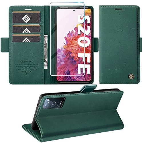 Handyhülle für Samsung Galaxy S20 FE Hülle mit Schutzfolie, Standfunktion Kartenfach Wallet Premium Leder Schutzhülle S20 FE 4G/5G Flip Case Cover Stoßfeste Klapphülle (Grün)