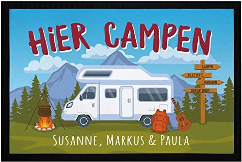 SpecialMe® Fußmatte Camping personalisiert mit Namen Geschenk für Wohnmobilbesitzer Familie rutschfest & waschbarr schwarz 60x40cm