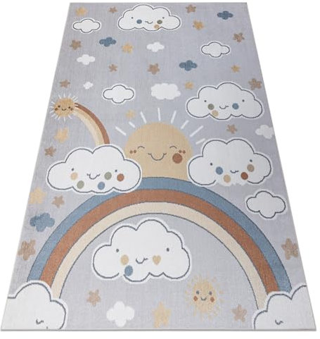 rugsx Teppich BONO 8437 Teppich Kurzflor, Kinderteppich, Wohnzimmer, Jugendzimmer, Kinderzimmer, Schlafzimmer, Wolken, Himmel, Hellgrau/Creme 280x370 cm