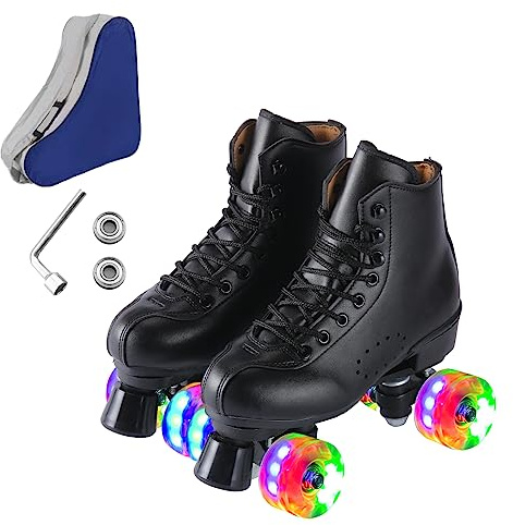 Ugboiu Roller Skates for Men and Women, Black Derby Roller Skates with 4 Shiny Wheel, Classic Double-Row Roller Skates for Indoor and Outdoor