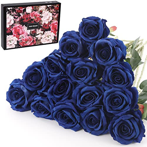 Cloudecor 15Pcs Artificial Roses Velet Real Touch Single Stem Fake Roses Silk Realistic Bouquet Flowers Arrangements Home Office Party Wedding Decoration (Round Roses - Royal Blue 15p)