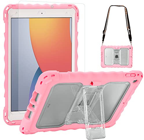 TopEsct Kids Case for iPad 9th/8th/7th Generation 10.2, Case with Portable Shoulder Strap, PET Screen Protector & Shockproof Silicone, Pink