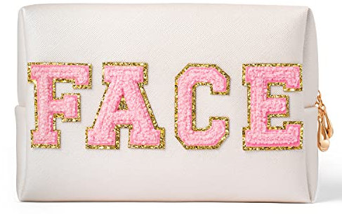 GROBRO7 FACE Patch Kosmetik Tasche PU Große Kapazität Reise Toilettentaschen, golden wasserdichte Varsity Brief Tasche mit Reißverschlüssen für Make up Waschen Pflege, Business Trip Essentials