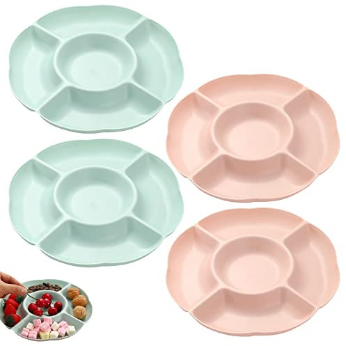 JNWYH 4 Stk Snackschale Set, Stark und Robust Snackteller mit 5 Stk Fächer für Lebensmittel,Snack,Obst,Nüsse,Süßigkeiten,Dessert Lagerung(2 Farben)