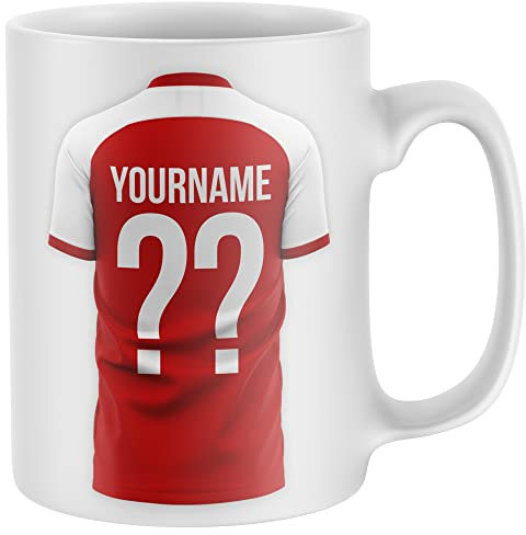 Purple Print House Personalised Football Shirt Mug Mens Any Club Colours Name Number Tea Coffee Cup Boyfriend Birthday Valentines Day, Red and White