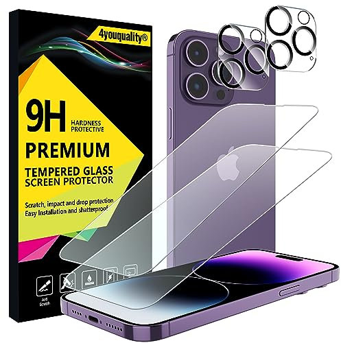 4youquality [4-in-1] Screen Protector for iPhone 14 Pro Max with Camera Lens Protector, Tempered Glass Film, 2-Pack Each, [LifetimeSupport][Impact-Resistant][Anti-Scratch][Ultra-Transparent]