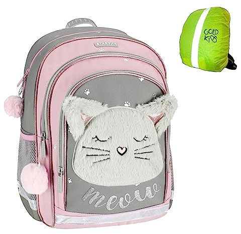 Goldkids Schulrucksack Rucksack Schulranzen Katze Kitty Cat Motiv Plüsch Ranzen Tornister Schulltasche Mädchen inkl. Regenschutz