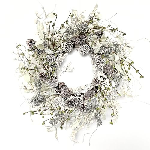 24 inch White Christmas Wreath,Winter Wreaths for Front Door with Pinecones Berries for Fireplace Xmas Decorations,Front Porch Decor and Wall Window Decor