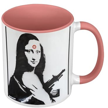Mug de Couleur Qualité Premium Rose - Banksy La Joconde Mona Lisa Arme Cible Ak47 Street Art - Tasse avec anse et intérieur de couleur