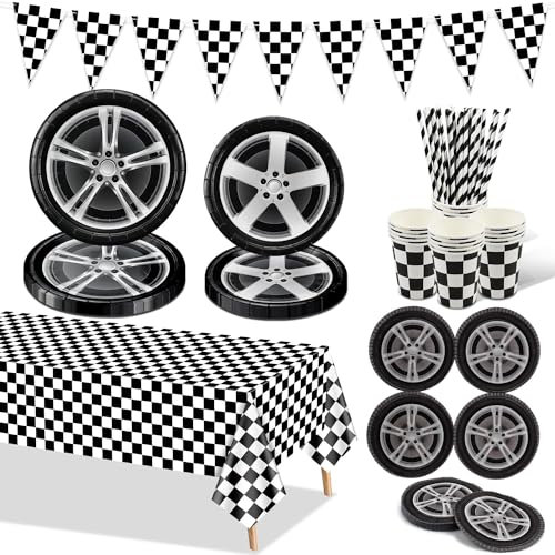 Racing Car Geburtstag Party Dekorationen, Auto-Rad-Party-Zubehör, Pappteller, Reifenservietten, schwarz karierte Tischdecke, Becher, für Kinder-Rennsport-Themengeburtstagsparty, für 20 Personen