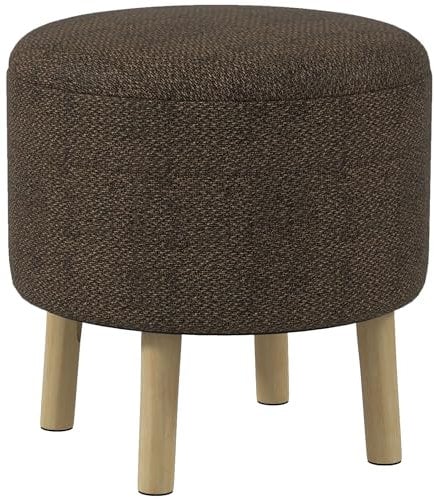 HOMCOM Round Storage Stool, Linen Fabric Upholstered Foot Stool with Removable Top, Padded Seat, Hidden Space and Wooden Legs for Living Room, Brown
