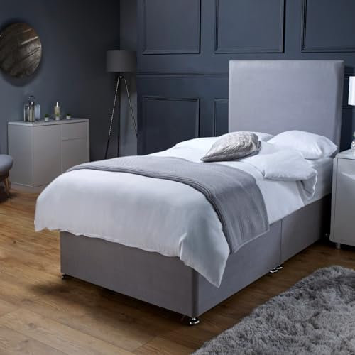 Savako 3ft Single Divan Bed with Mattress Included, Adults + Children Suited (Padded Headboard + Single Bed with Mattress Included) (90cm x 190cm) Grey Plush