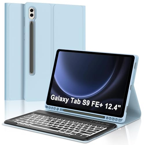 JADEMALL Custodia con Tastiera per Samsung Tab S9 FE Plus 12.4/ Tab S9 FE+ 12.4 2023, Italiano QWERTY Tastiera Retroilluminata Bluetooth Magnetica Staccabile, Cielo blu