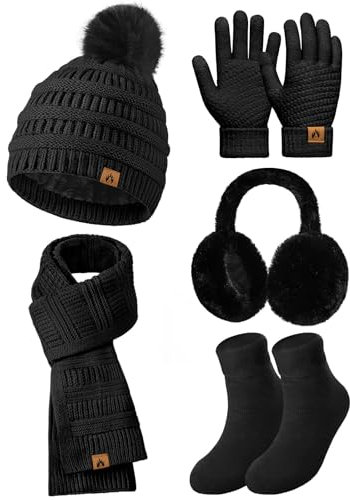 Svanco Mütze, Schal & Handschuh-sets Für Damen, Bommelmütze Winter+Schal Kuschelig+Handschuhe Touchscreen+Winddichte Ohrenschützer+Strick Socken