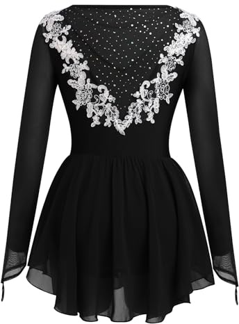 Eislaufkleid für Damen, langärmelig, Eiskunstlauf-Kostüm, Rhythmische Gymnastik, Gymnastikanzug, glitzernder Chiffon-Rock, Schwarze Spitze, Mittel