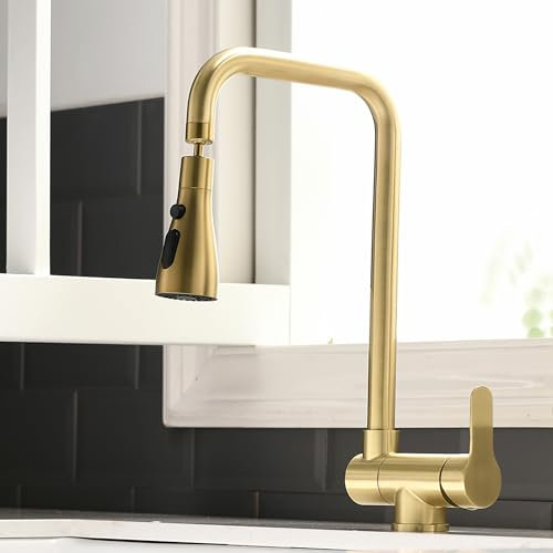 Grifo Cocina Abatible, Grifo Abatible Cocina 3 Modos De Descarga De Agua,Grifo De Fregadero Plegable, Grifo Monomando Bajo Ventana De Acero Inoxidable 304 (oro cepillado)