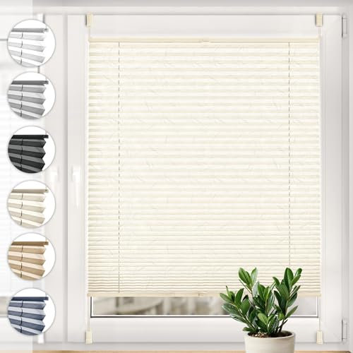 Sonello Plissee Crush Klemmfix ohne Bohren 60cm x 120cm Ecru Faltrollo Plisseerollo Jalousie für Tür & Fenster Blickdicht Sichtschutz Sonnenschutz Fertifplissee Rollo