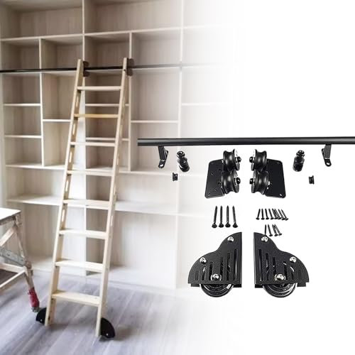 Kit ferramenta per libreria con scala scorrevole metallo 100-732CM Binario per scala mobile - Set completo di sistema a rulli scorrevoli Kit binari scala mobile (senza scala) soppalco ufficio armadio(