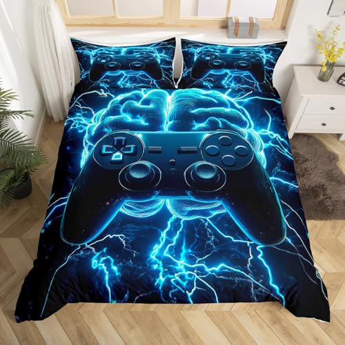 Loussiesd Gaming Bettwäsche Set 135x200cm Gamepad Blitzhirn Bettbezug Spielzimmer Dekor Betten Jungen Zimmer Dekoration Bettwäsche-Set Joystick Controller Blau