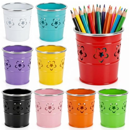 Noamus 9 Pack Metal Pen Holder, Desktop Pencil Bucket with Hollow Flower Cutouts, Colorful Makeup Brush Storage Cup, Versatile Cutlery Pots for Office Classroom School Crafts(9 Color)
