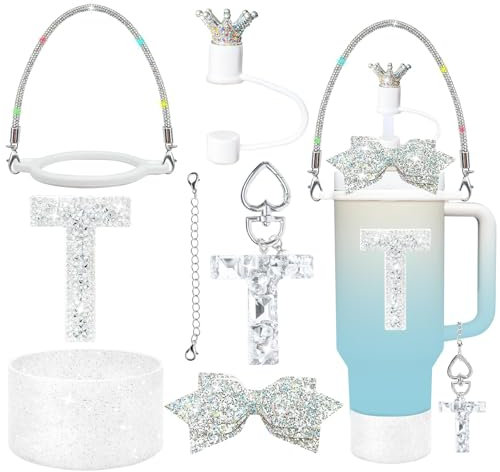 8Pcs Silvery Stanley Cup Accessories Set for Stanley Cup 30&40 Oz Tumbler, Silicone Straw Cover Cap and Boot, Handle Letter Charm, Bow Decoration Initial Sticker, Diamond Water Bottle Handle Strap (T)
