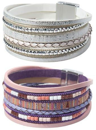 ZAGQIG Leder-Wickelarmbänder für Damen, Boho, rustikal, mehrlagig, mit Verschluss, Perlen, stapelbar, Kunst-Strass, Armband, Manschette für Damen, schlankes Handgelenk, 2 Stück, Small, Leder Legierter