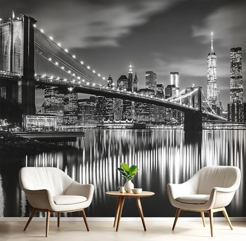 DLERFLOVR Brooklyn Bridge 3D Silk Wall Mural New York City Skyline Photo Wallpaper Poster Picture Design for Living Room Kids' Bedroom & Home Interiors, 350x256cm, Dark Gray