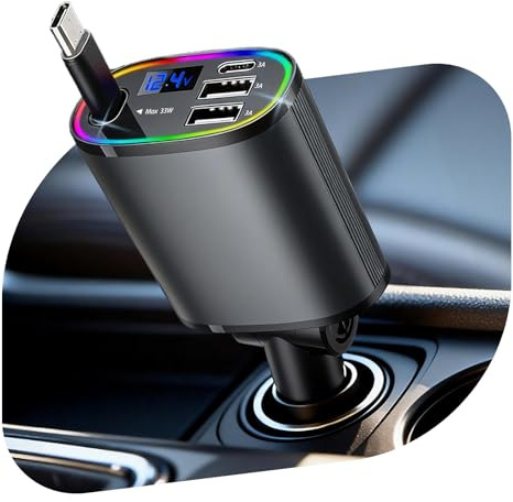 Canareen 4-in-1 Retractable Car Charger 78W Fast for iOS Android (Grey) | 180 ° Rotating Design, Compact Design, Type-C Cable/USB-C/USB-A, Wide Compatibility, Voltage Monitoring, with RGB Light