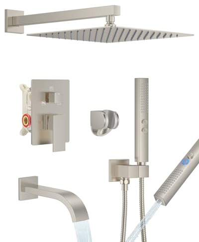 FAROLAN Brushed Nickel Shower System with Tub Spout, Wall Mounted Bathtub Shower Faucet Set, 12 Rainfall Shower Head and Handheld Shower Combo, High Pressure Shower Fixtures Set with Rough-in Valve
