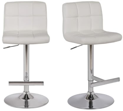 Lamboro Allegro Kitchen Bar Stools Pair White, Adjustable Swivel Gas Lift, Chrome Base, For Breakfast Bar Or Kitchen