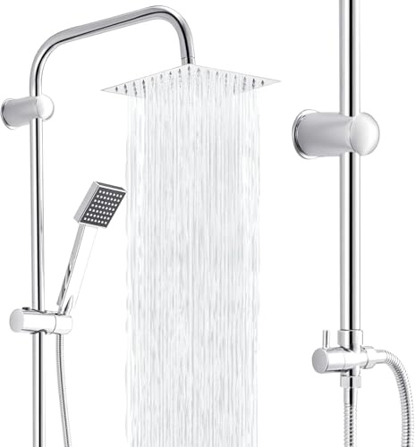 Duschgarnitur mit Regendusche Regendusche Duschsystem 20 * 20cm Duschsets Duschstangen Duschmischer mit zwei Köpfen Verstellbare Kopfbrausen Duschköpfe Handbrausen-Sets mit Schlauch und Stange