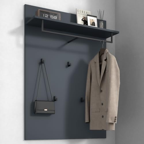Mai & Mai Garderobenpaneel Wandgarderobe mit Ablage Kleiderstange | Wandpaneel mit 5 90° Haken, Hutablage, Garderobenboard, Flurgarderobe, 108x78x21,6cm, Matt Anthrazit, Gabo-01