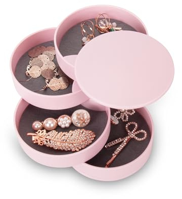 Inmorven 4-Layer Rotating Jewellery Box for Women & Girls – Travel Jewellery Organiser with Lid for Rings, Bracelets, Earrings – Compact Storage Case, Gift Idea (Pink)