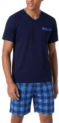Aseniza Ensembles de Pyjama Été Pyjama Homme Coton à Manches Courtes Vêtements de Détente Deux Pièces Loungewear avec T-Shirt et Shorts Carreaux pour Hommes Confortable Léger B#Bleu M